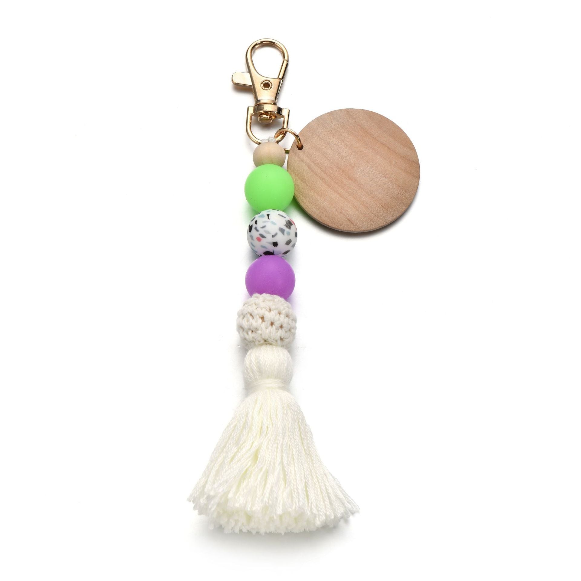 Wholesale Fluorescent Silicone Bead Wood Chip Tassel Keychain